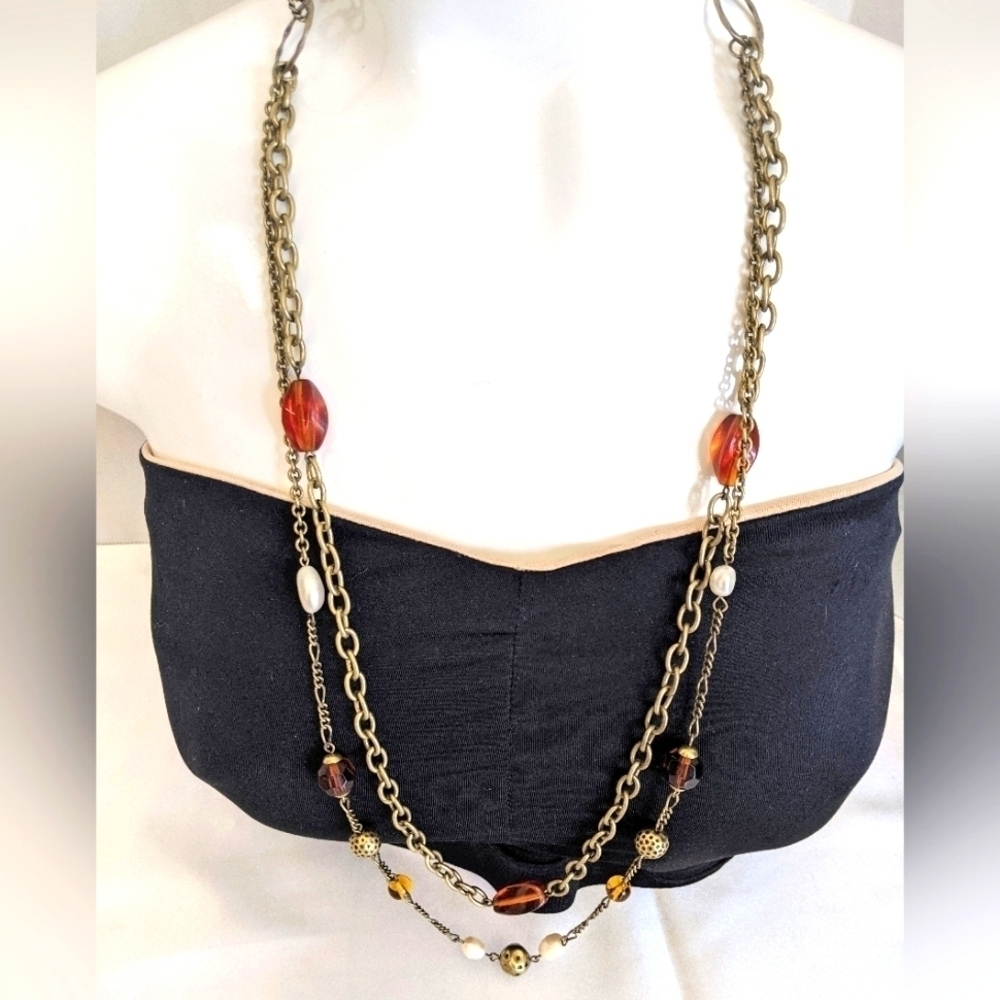 Lia Sophia Two-strand Chain And Glass Bead Long Necklace Fall Antique Gold Tone